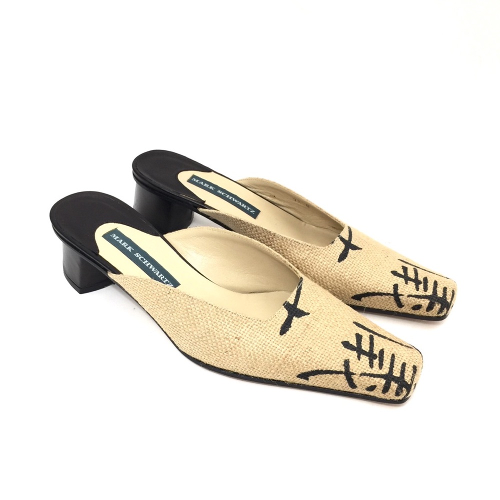 Mark Schwartz Burlap Mule Heels w/ Asian Print